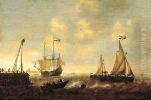 Smallships, a threemaster and a pink on a river by a jetty in a stiff breeze, a town in the distance by Jacob Adriaensz. Bellevois