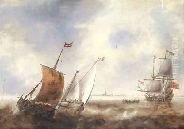 Two smalschips in stormy waters with a Dutch Man of War off the coast of a town - view 1