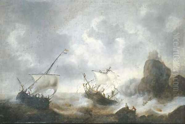 A coastal landscape with frigates off the coast in a storm - view 1