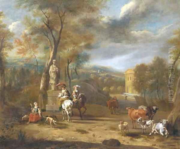 Elegant company on horseback by a fountain in a wooded landscape - view 1