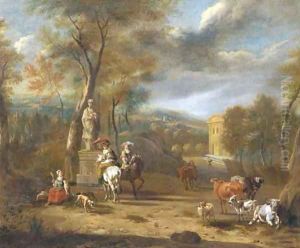 Elegant company on horseback by a fountain in a wooded landscape by Jan Van Der Bent