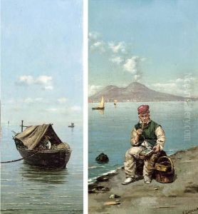 A Neapolitan Fisherman Smoking
On The Shore, Vesuvius Beyond; And A Fisherman At His Moorings by Vittorio Capessiero
