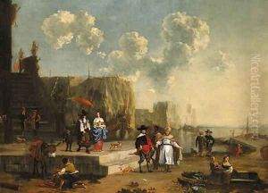 A capriccio of a Mediterranean harbour with elegant travellers, a moor and an oriental merchants, and other figues by Jan Van Der Bent