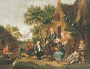 Fishermen selling their catch at a riverside cottage by Jan Van Der Bent