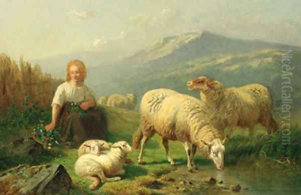 A young shepherdess and her flock in a mountainous landscape - view 1