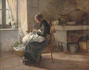 Woman sewing in an interior by Marie-Gabriel Biessy