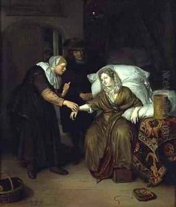 A Maid taking a lady's pulse by Richard Brackenburgh