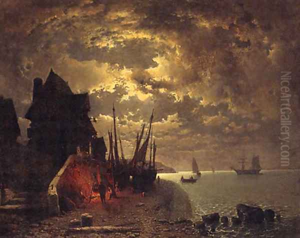 Fisherfolk Before A Fire At Low Tide, In A Moonlit Coastal Inlet - view 1
