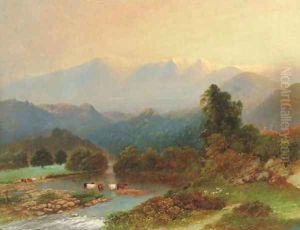 Cattle watering in a highland landscape by William Beattie Brown
