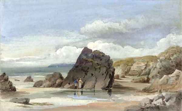 Figures before rocks on the foreshore at low tide - view 1