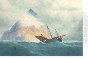 A xebec off a rocky Mediterranean outcrop
