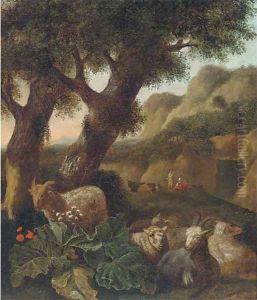 A wooded landscape with sheep and figures resting by Abraham Jansz Begeyn