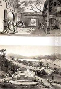 Interior View of the Great Temple at Macao and a Tomb and Village between the Bays of Hong Kong and Cowloon by Auguste Borget