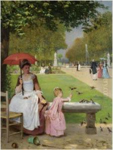 Feeding The Birds, Jardin Des Tuileries by Joseph Caraud