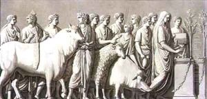 Bas relief of a bull, a ram and a boar led to a votive altar by G. Bramati