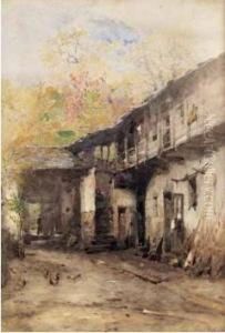 Cortile Con Figure E Galline by Filippo Carcano