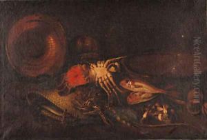 Lobsters, a basket, an upturned copper dish, red mullet, a terracotta bowl on a ledge by Felice Boselli