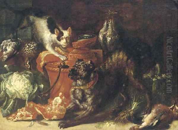 A dog and a cat in a kitchen interior with game and vegetables - view 1