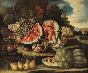 Melons, pears, grapes and apples on a bank