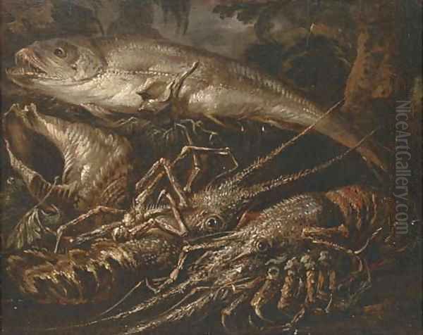 Two lobsters, a salmon and shells on a forest floor - view 1