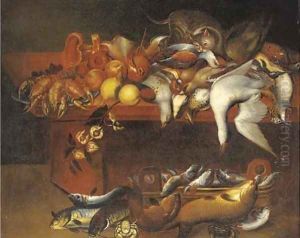 Dead game birds, fish, lobster, fruit and flowers with a cat on a table by Felice Boselli