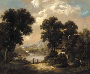 Anglers in a lake landscape by George Barret