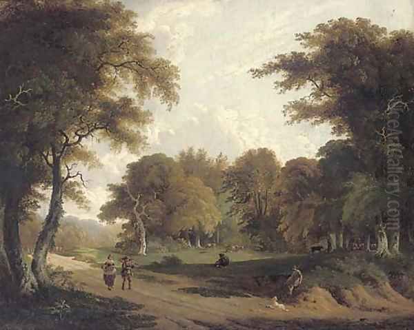 Faggot gatherers walking along a woodland track, with cows grazing beyond - view 1