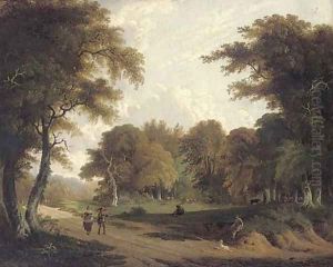 Faggot gatherers walking along a woodland track, with cows grazing beyond by George Barret