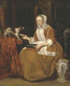 A lady seated in an interior, with a dog on a partly draped table by Gerard Ter Borch