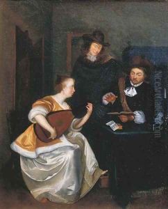A woman playing the theorbo accompanied by two gentlemen, in an interior by Gerard Ter Borch
