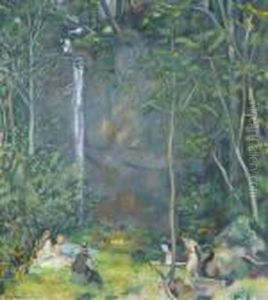 Waldlichtung Mit Wasserfall Und Rastender Gesellschaft by Emil Cardinaux