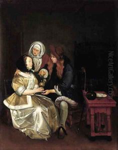 An elegant couple attended by a procuress