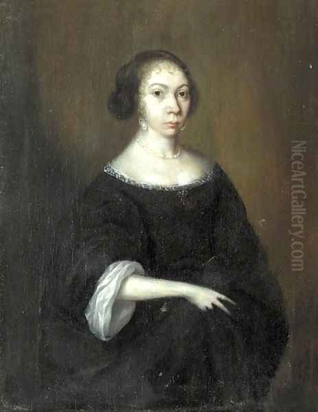 Portrait of a lady, standing small three-quarter length, wearing a black dress with lace chemise, pearl necklace and pearl earrings - view 1