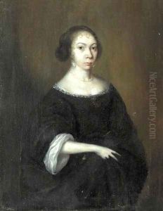 Portrait of a lady, standing small three-quarter length, wearing a black dress with lace chemise, pearl necklace and pearl earrings by Gerard Ter Borch