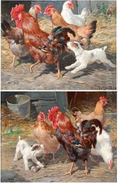 Chickens And Puppies In A Farmyard - view 1