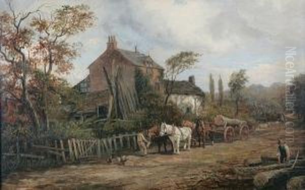Figures And Horse And Cart Pulling Logs, Cottage In Background - view 1