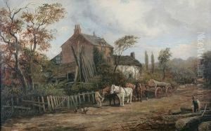 Figures And Horse And Cart Pulling Logs, Cottage In Background