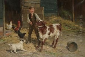A Farmyard, With A Young Boy, His Dog And A Calf In The Foreground