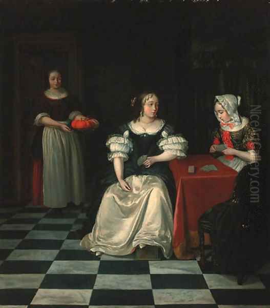 A lady and her chaperone playing cards in an interior - view 1