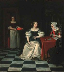 A lady and her chaperone playing cards in an interior by Gerard Ter Borch