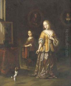 A lady in an elegant interior with a dog and a maid by Gerard Ter Borch