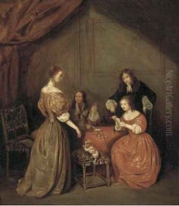 Elegant company playing cards in an interior by Gerard Ter Borch