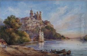 A Continental Church And Village On Top Of A Hill Beside A River