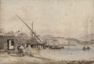 Fisherfolk On The Shore, Salerno by Raffaele Carelli
