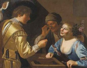 A young gallant and a courtesan playing tric-trac watched by a procuress