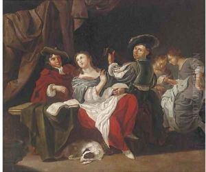 Elegant company making music in an interior by Jan Van Bijlert
