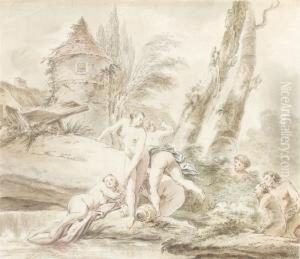 Un Paysage Avec Trois Nymphes Au Bain, Surprises Par Trois Satyres. by Jacques Philippe Caresme