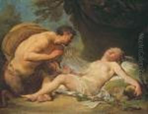 Un Satyre Devoilant Une Bacchante Endormie En Presence Decupidon by Jacques Philippe Caresme