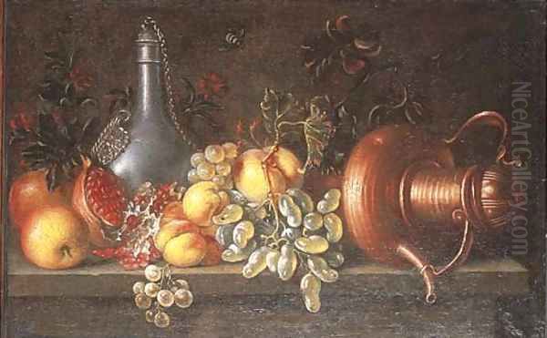 An upturned copper teapot, a pewter flagon and fruit on a ledge - view 1