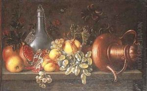 An upturned copper teapot, a pewter flagon and fruit on a ledge by Johannes Bouman